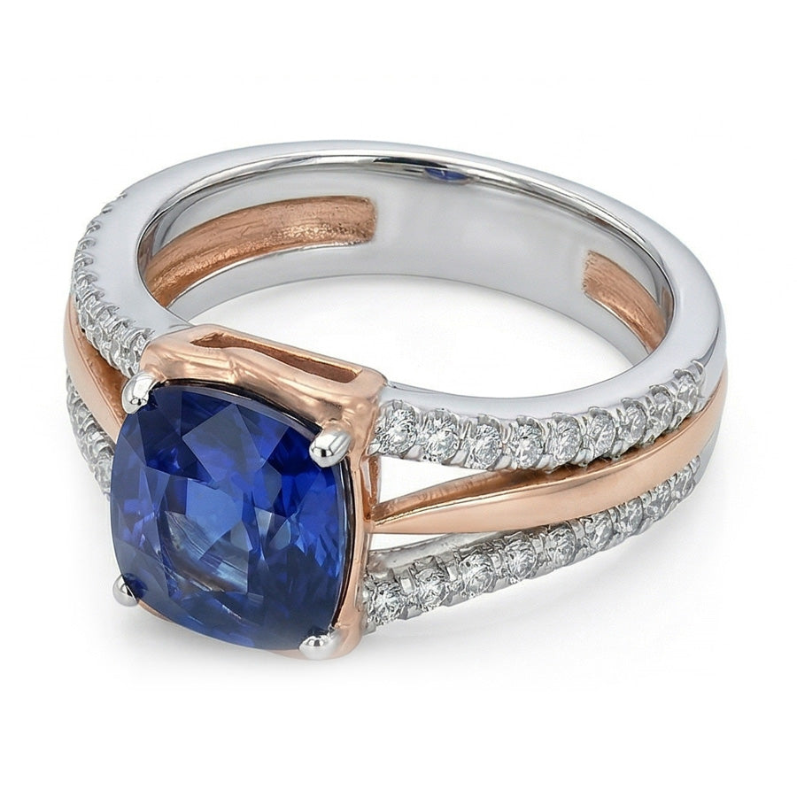 Two Tone Natural Earth Mined Diamond Engagement Ring With Cushion Blue Sapphire 2.50 Carat