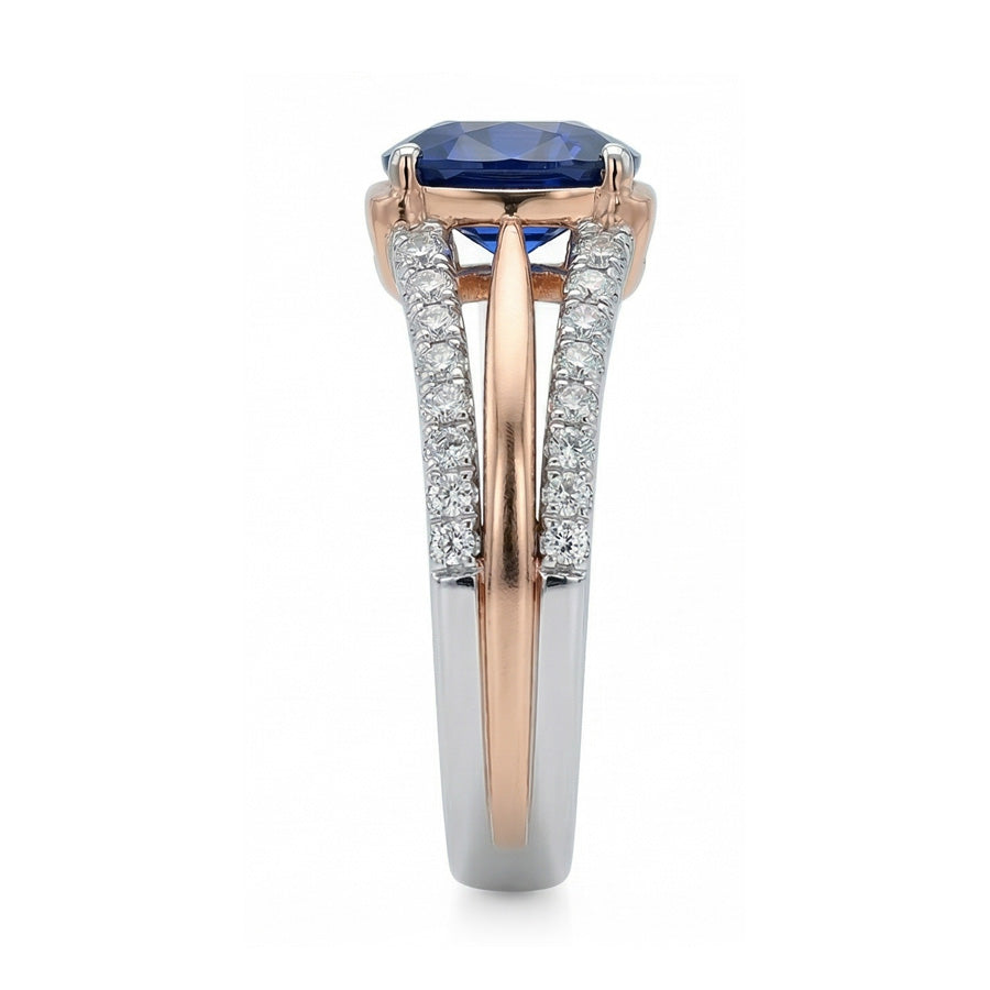 Two Tone Natural Earth Mined Diamond Engagement Ring With Cushion Blue Sapphire 2.50 Carat