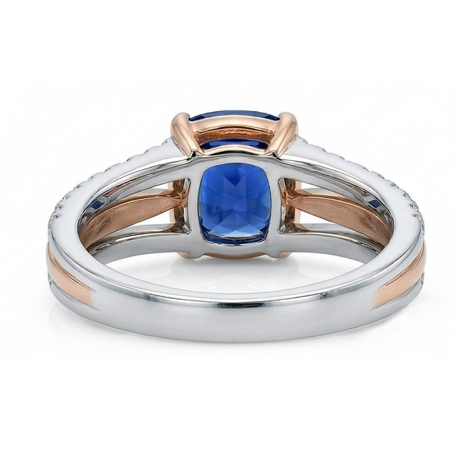 Two Tone Natural Earth Mined Diamond Engagement Ring With Cushion Blue Sapphire 2.50 Carat