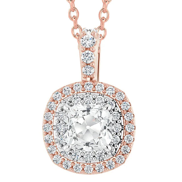 Two Tone Real Diamond Halo Pendant Cushion Old Miner Prong Set 6.50 Carats