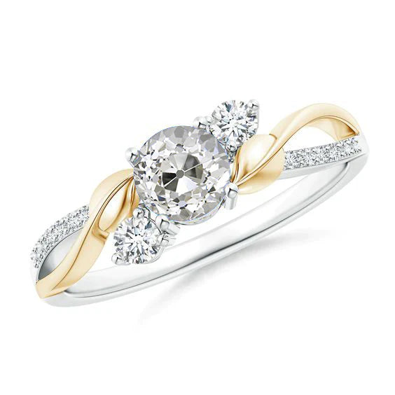 Two Tone Real Diamond Ring 1.60 Carats Round Old Mine Cut Leaf Style
