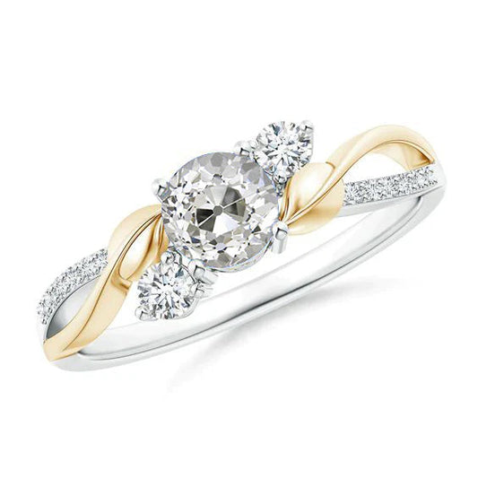 Two Tone Real Diamond Ring 1.60 Carats Round Old Mine Cut Leaf Style