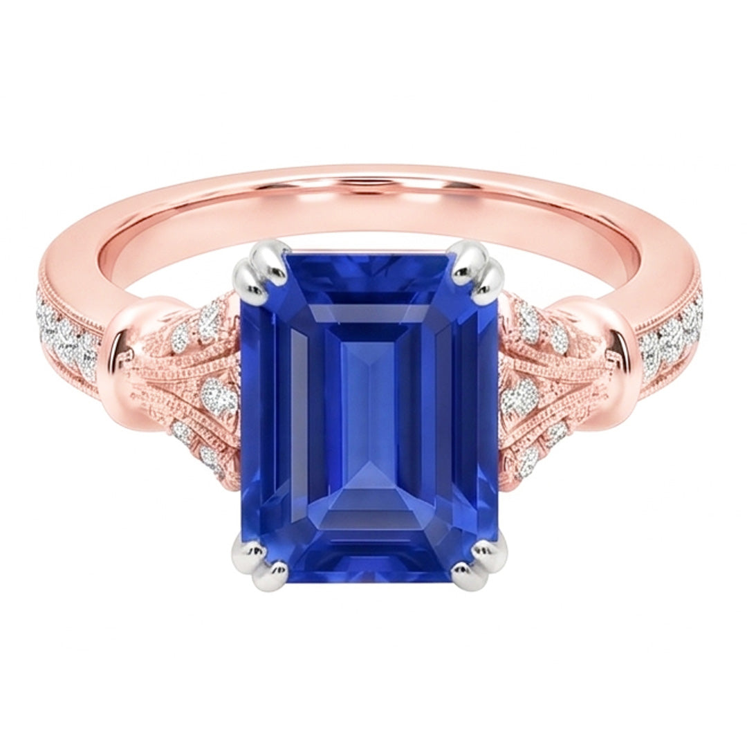Two Tone Round Natural Earth Mined Diamond Vintage Style Sapphire Engagement Ring 3 Carats