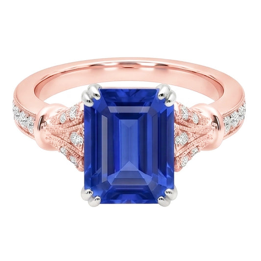 Two Tone Round Natural Earth Mined Diamond Vintage Style Sapphire Engagement Ring 3 Carats