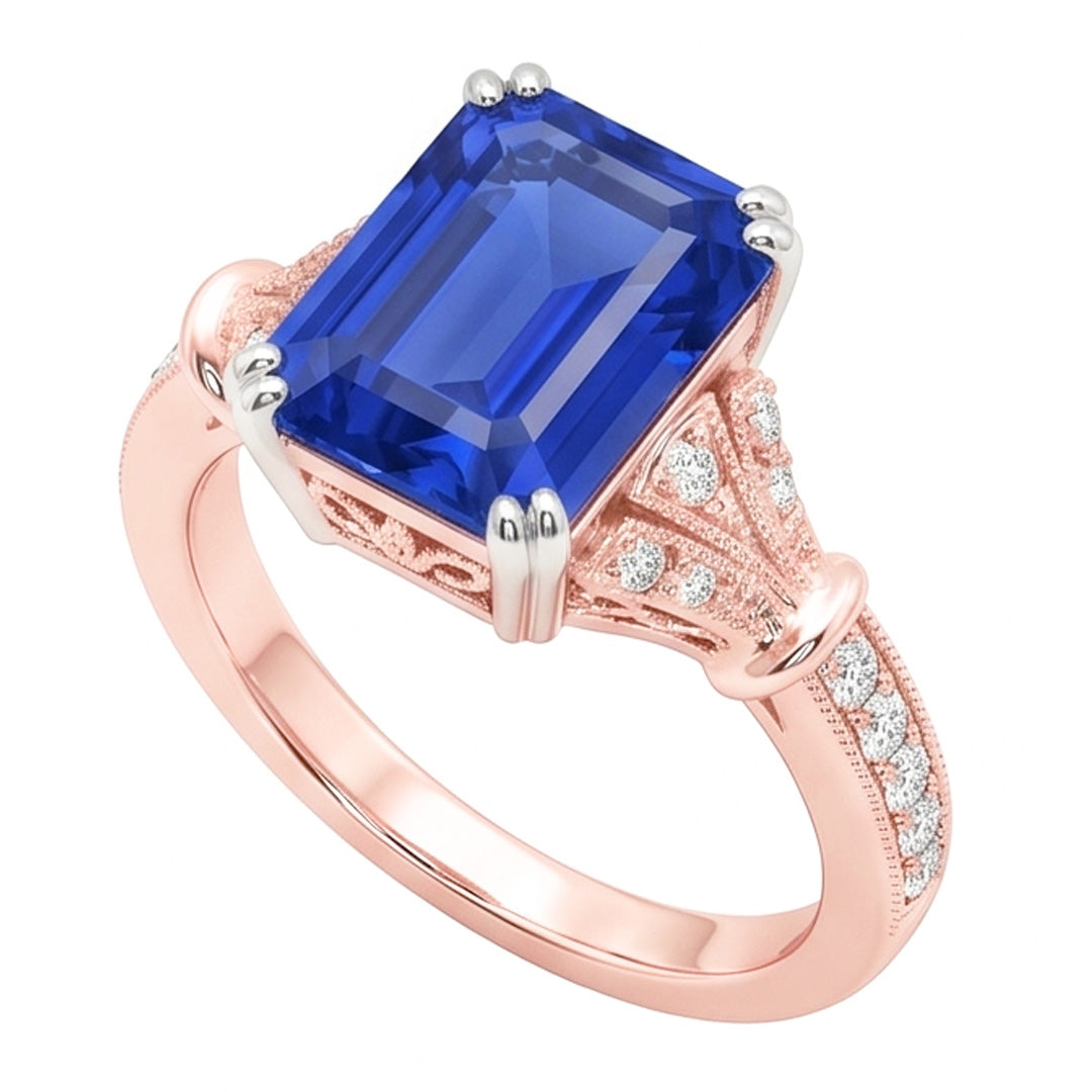 Two Tone Round Natural Earth Mined Diamond Vintage Style Sapphire Engagement Ring 3 Carats