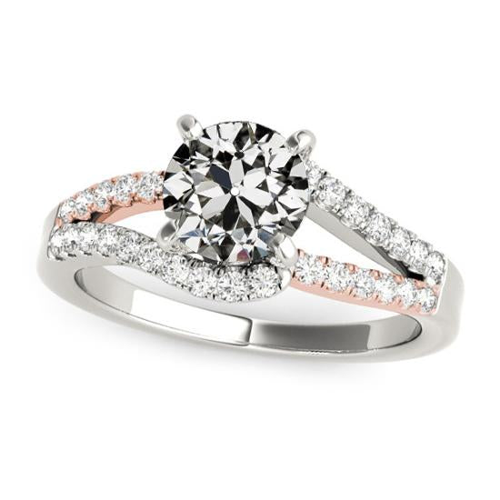 Two Tone Round Old Cut Natural Diamond Ring Split Shank 3.75 Carats