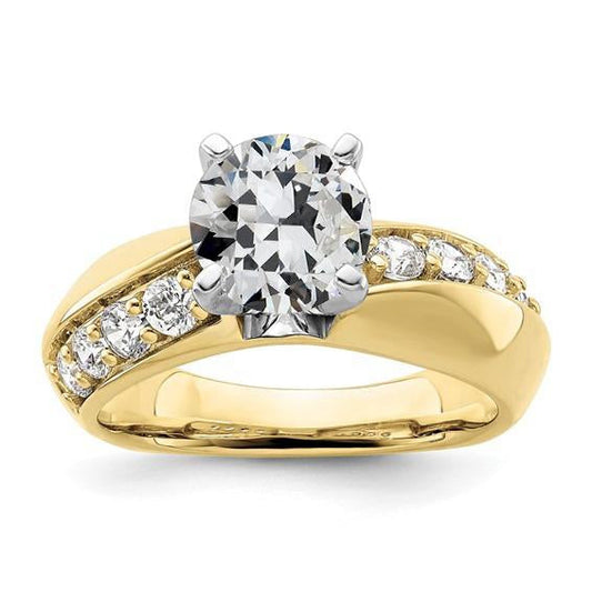 Two Tone Round Old Mine Cut Genuine Diamond Ring Prong Set 3 Carats Gold