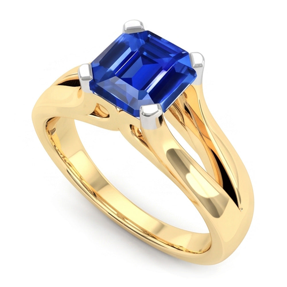 Two Tone Solitaire Emerald Blue Sapphire Ring 2.50 Carats Split Shank