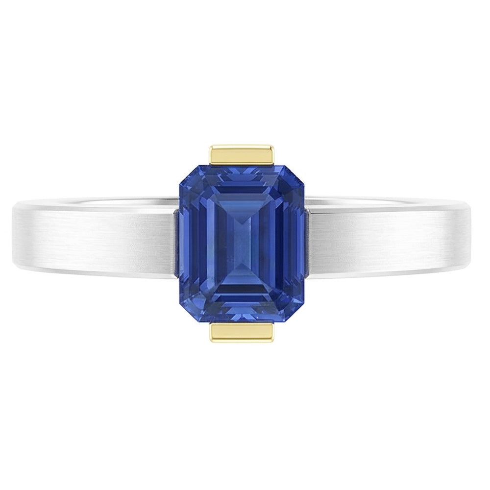 Two Tone Solitaire Ring 1 Carat Blue Sapphire Emerald Cut Gold Jewellery