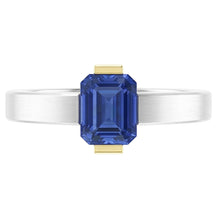 Two Tone Solitaire Ring 1 Carat Blue Sapphire Emerald Cut Gold Jewellery