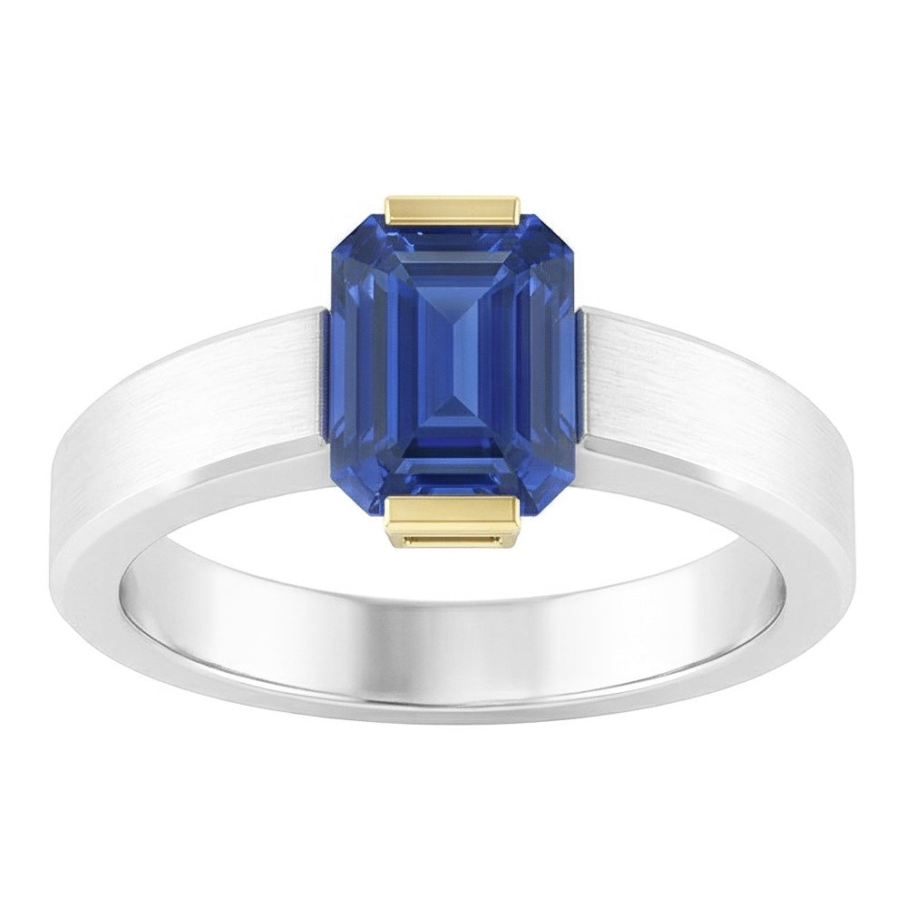 Two Tone Solitaire Ring 1 Carat Blue Sapphire Emerald Cut Gold Jewellery