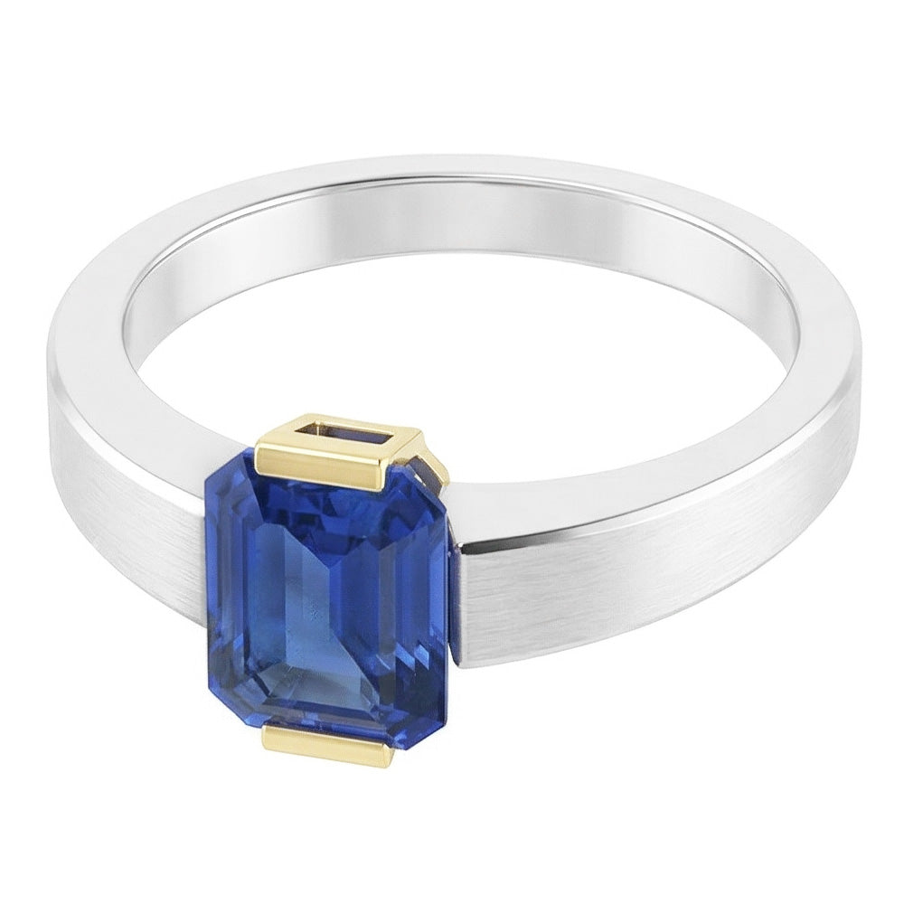 Two Tone Solitaire Ring 1 Carat Blue Sapphire Emerald Cut Gold Jewellery