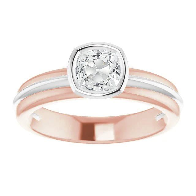 Two Tone Solitaire Ring Cushion Old Cut Real Diamond Bezel Set 2.20 Carats