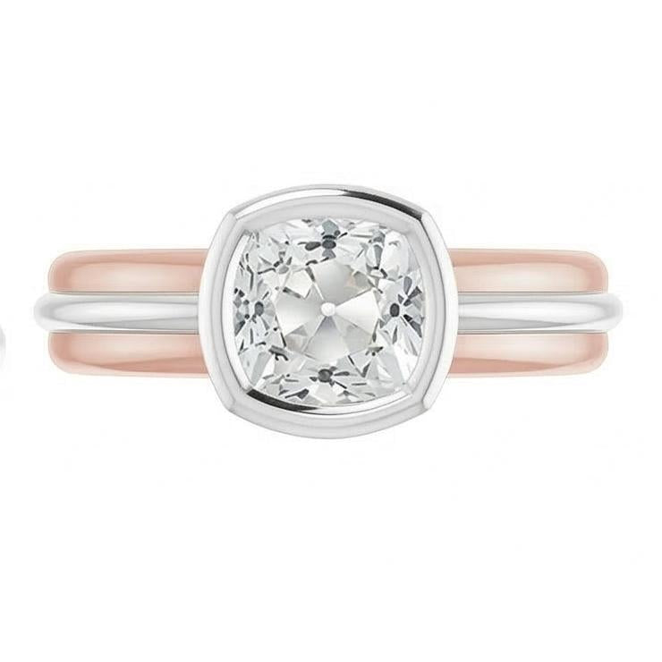 Two Tone Solitaire Ring Cushion Old Cut Real Natural Earth Mined Diamond Bezel Set 2.20 Carats