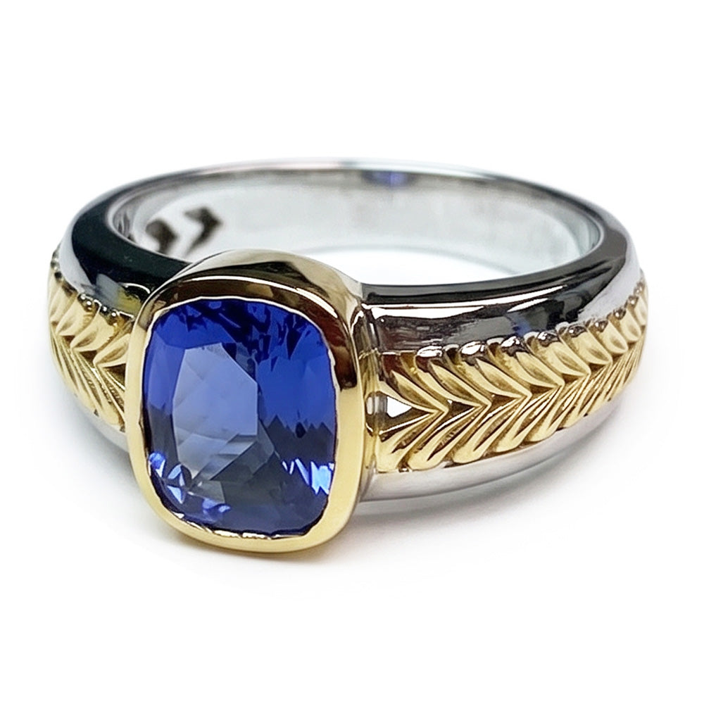 Two Tone Solitaire Tanzanite Ring Cushion Bezel Set 5.50 Carats