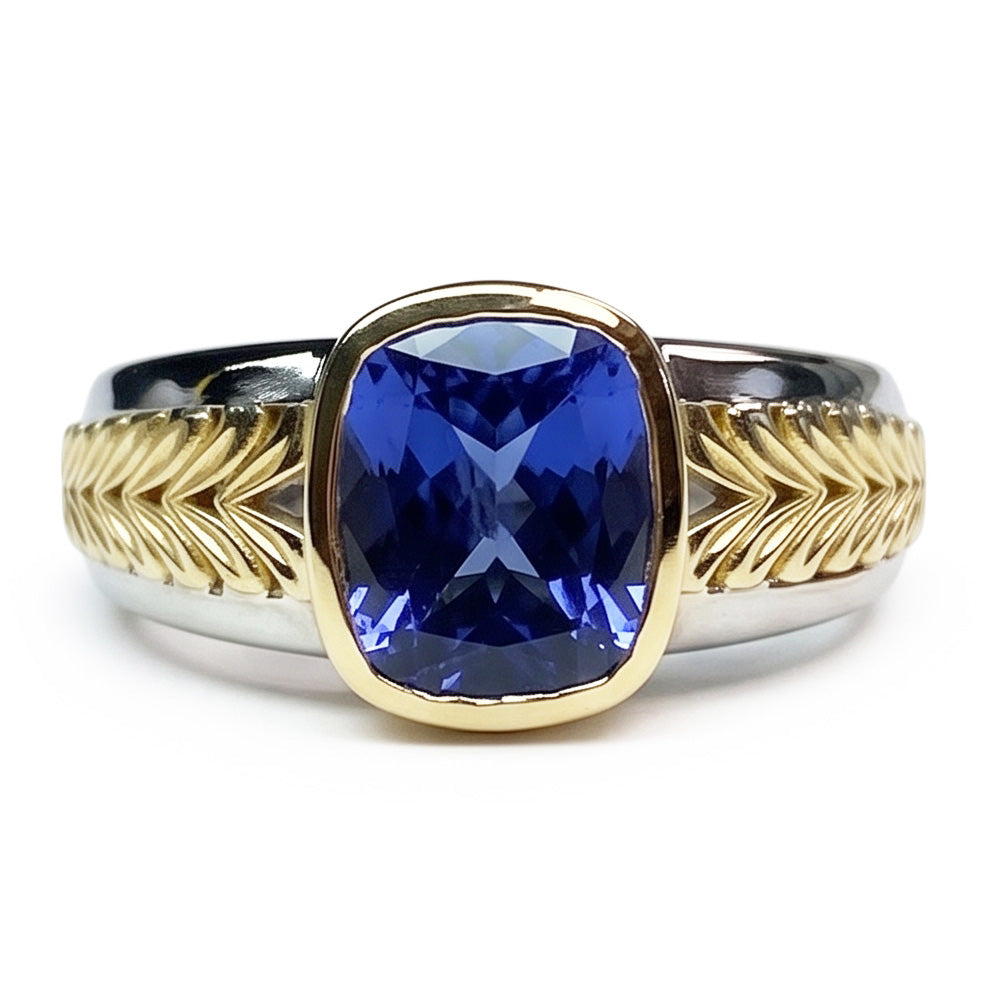 Two Tone Solitaire Tanzanite Ring Cushion Bezel Set 5.50 Carats