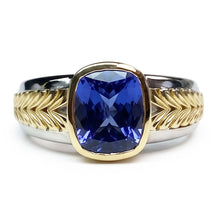 Two Tone Solitaire Tanzanite Ring Cushion Bezel Set 5.50 Carats