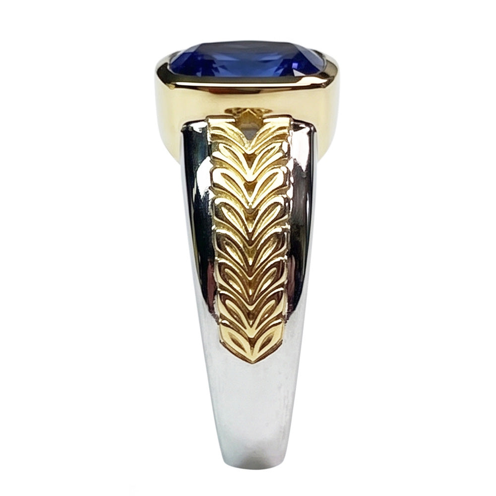 Two Tone Solitaire Tanzanite Ring Cushion Bezel Set 5.50 Carats