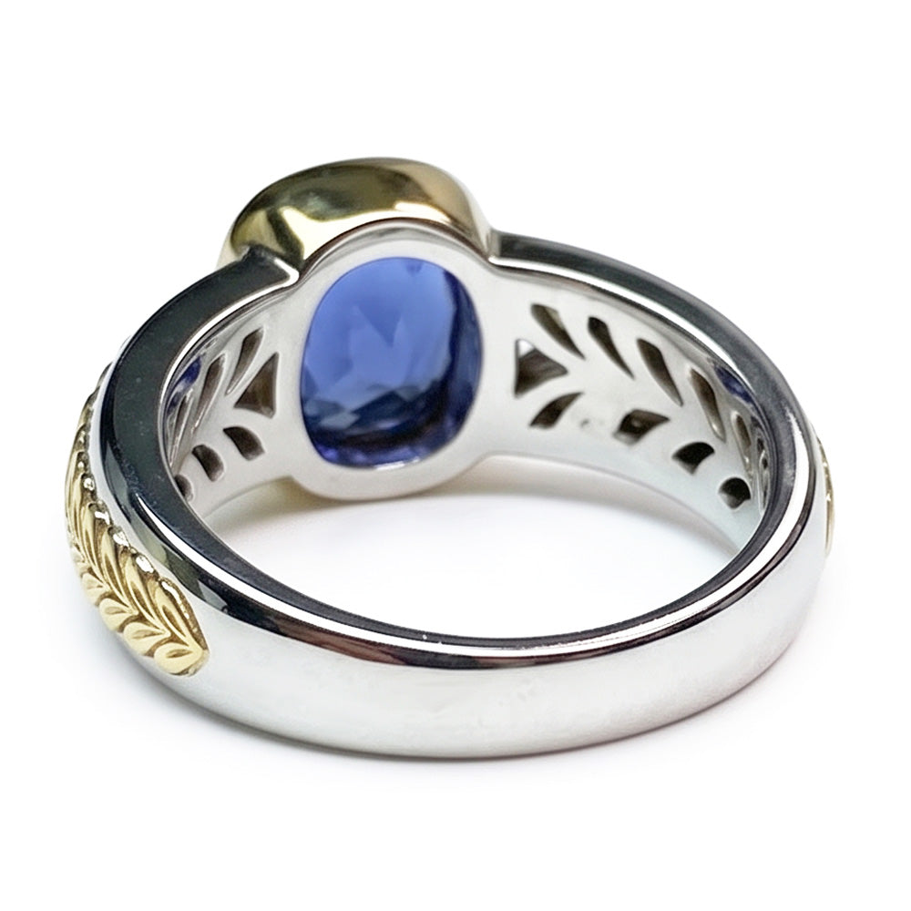 Two Tone Solitaire Tanzanite Ring Cushion Bezel Set 5.50 Carats