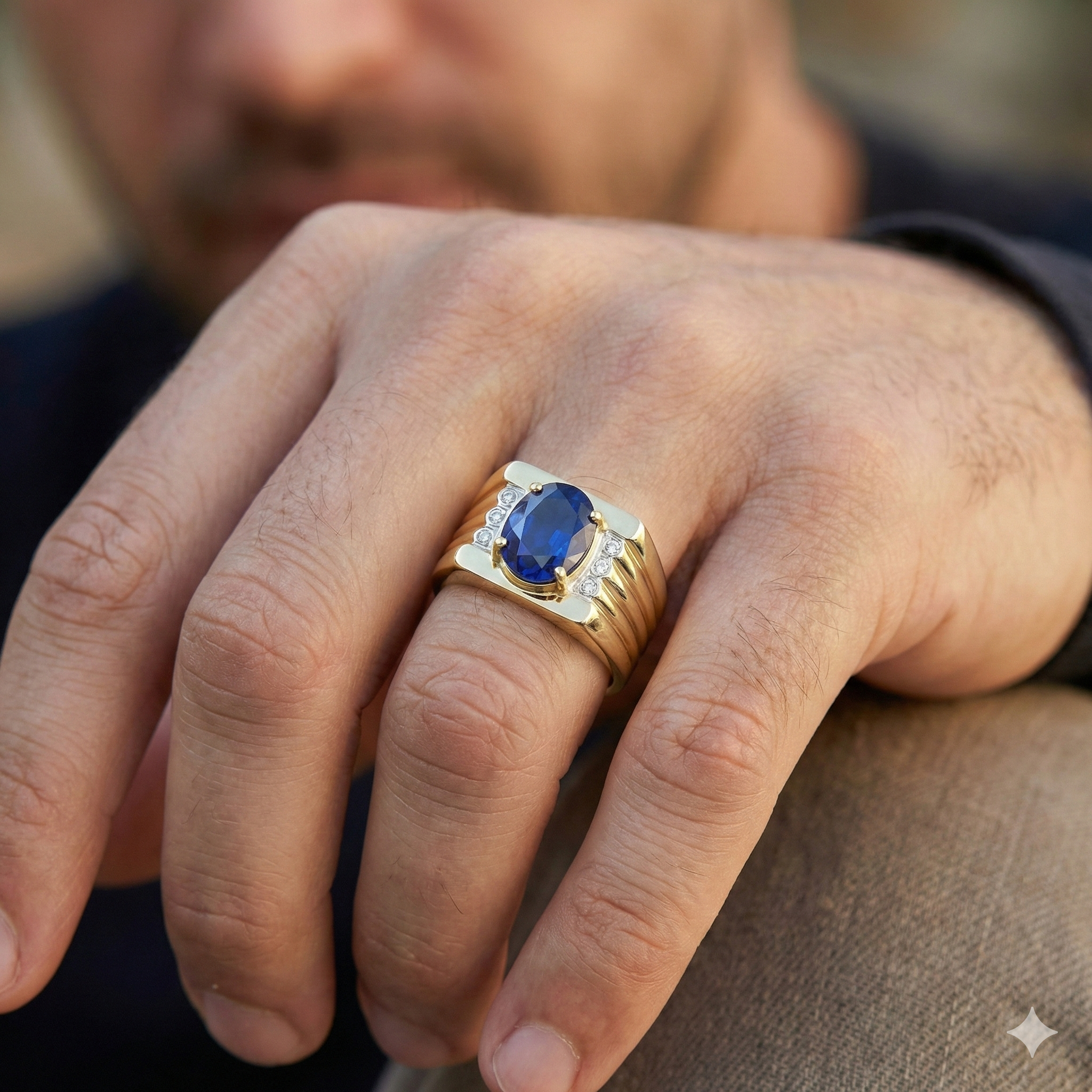 Two Tone Gold 14K Oval Sapphire & Round Natural Earth Mined DIAMOND ( NOT LAB GROWN ) Ring 2.31 Ct.