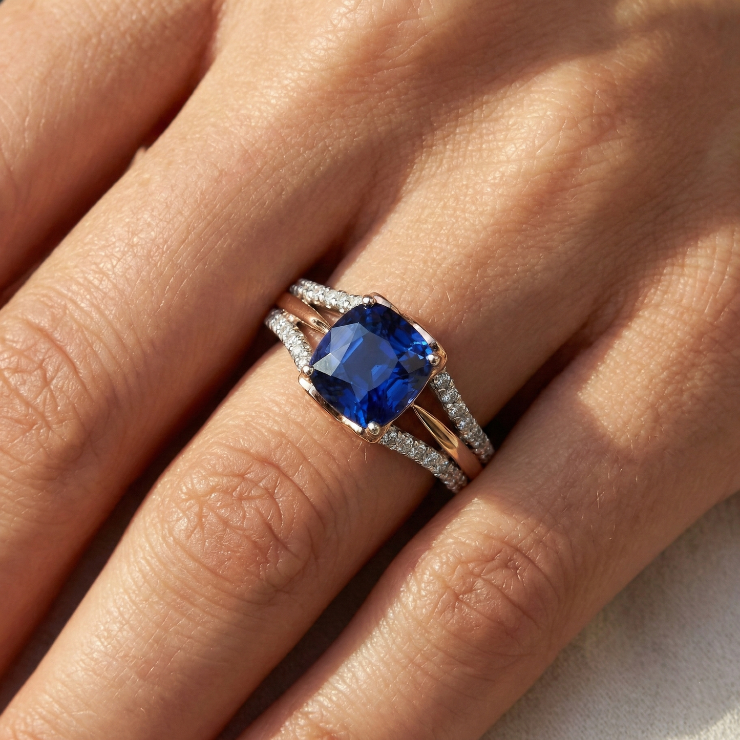 Two Tone Natural Earth Mined Diamond Engagement Ring With Cushion Blue Sapphire 2.50 Carat