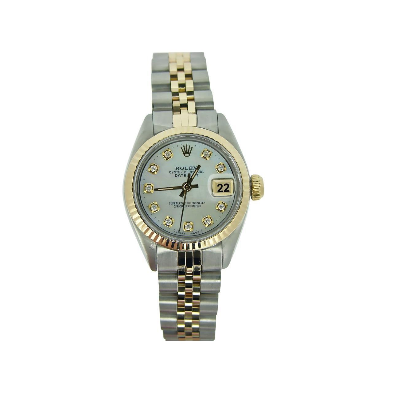 Two Tone Rolex Date Just Ladies Watch Diamond Dial Fluted Bezel