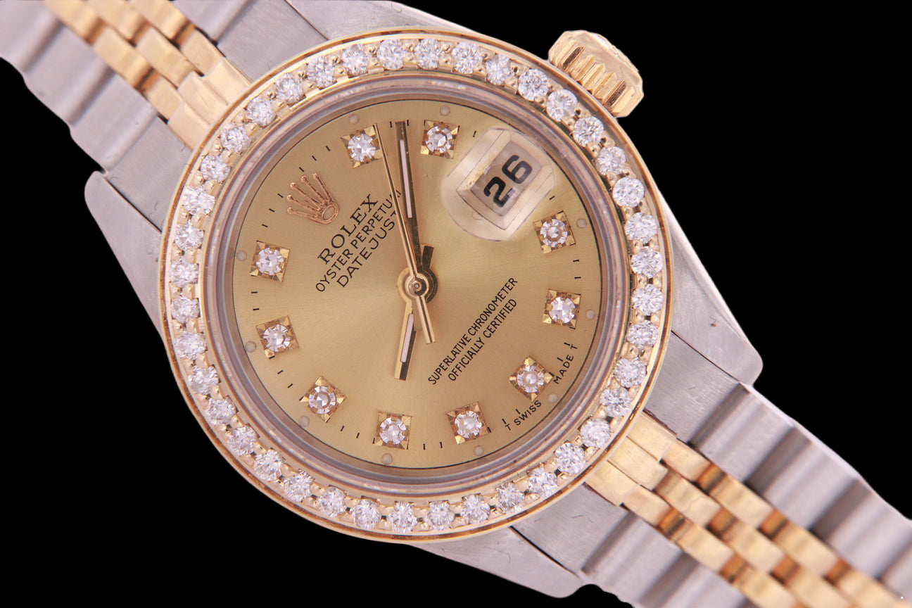 Two Tone Champagne Natural Earth Mined Diamond Dial Bezel Lady Watch Rolex Datejust