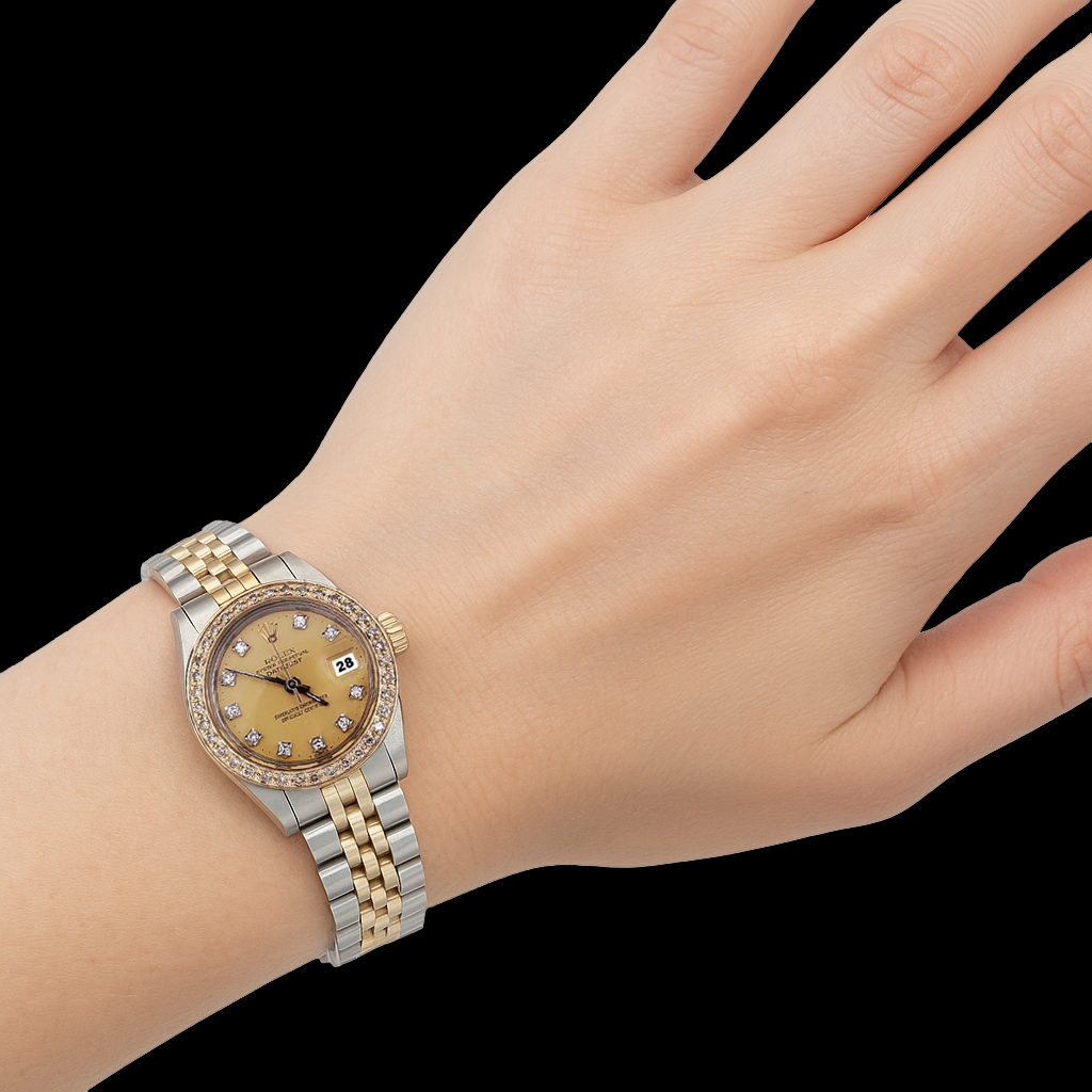 Two Tone Champagne Natural Earth Mined Diamond Dial Bezel Lady Watch Rolex Datejust