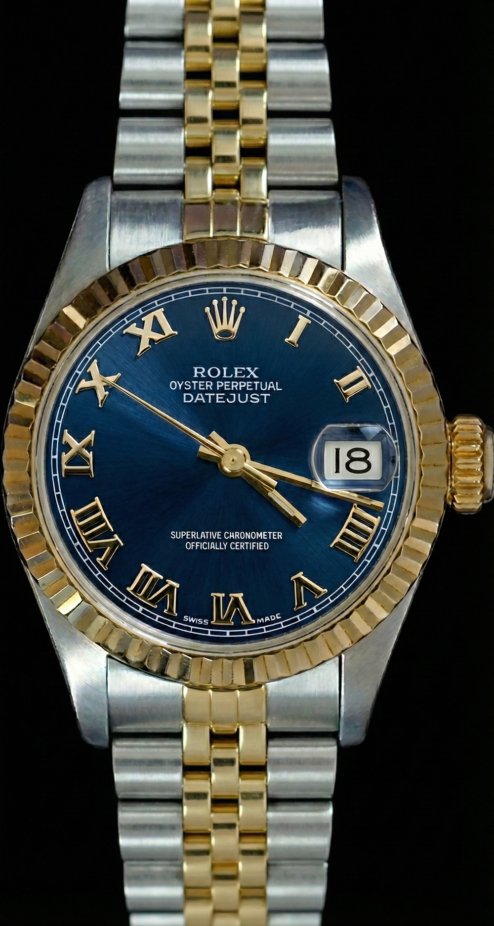 Two Tone Fluted Bezel Datejust Lady Watch Blue Roman Dial Rolex