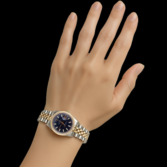 Two Tone Jubilee Bracelet Rolex Dj Watch Black Stick Dial Fluted P1