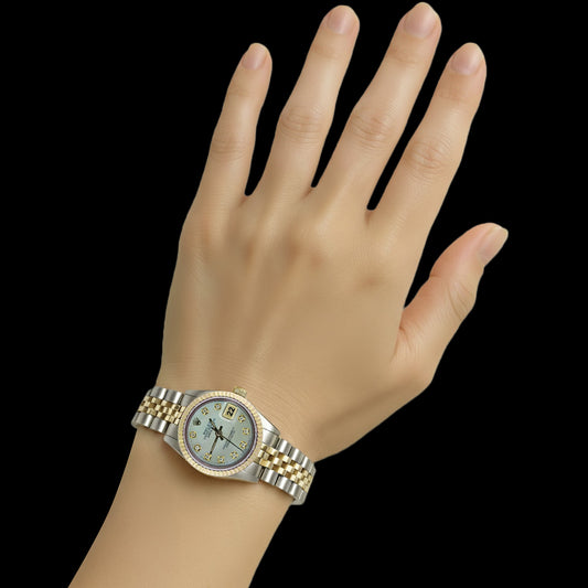 Two Tone Rolex Date Just Ladies Watch Natural Earth Mined Diamond Dial Fluted Bezel P2