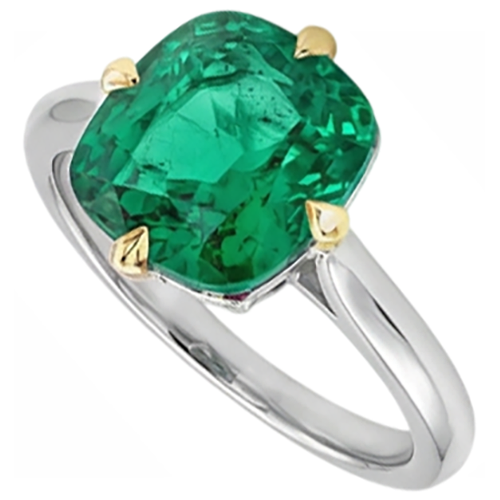 Fine Emerald Cushion Cut Precious Stone Ring in 14 Karat Two Tone Gold – angle view