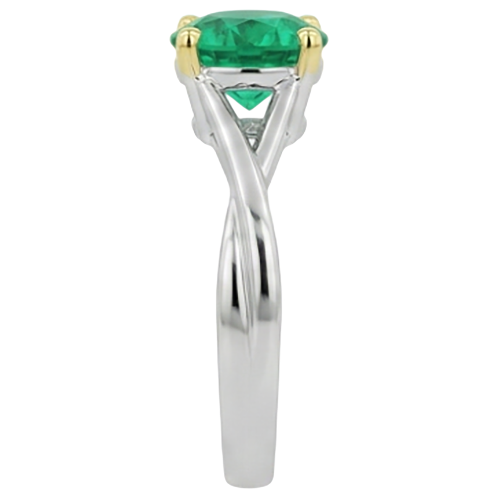 Fine Emerald Round Cut Gemstone Ring in Two-Tone 14K Gold – top view