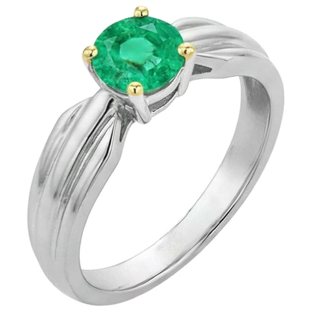 Colombian Emerald Round Brilliant Gemstone Ring in 14 Karat Two Tone Gold – front view