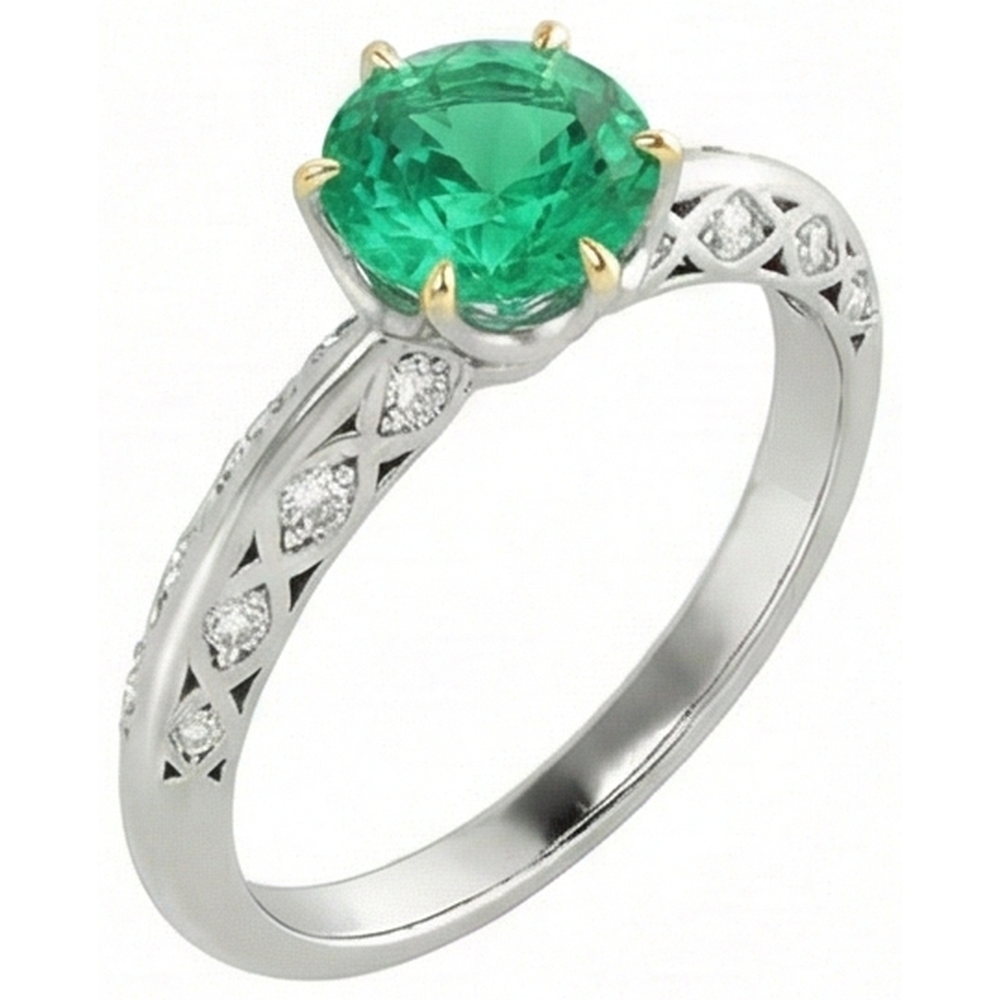 Fine Emerald Round Brilliant Gemstone Ring in 14 Karat Two Tone Gold – angle view