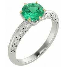 Fine Emerald Round Brilliant Gemstone Ring in 14 Karat Two Tone Gold – angle view
