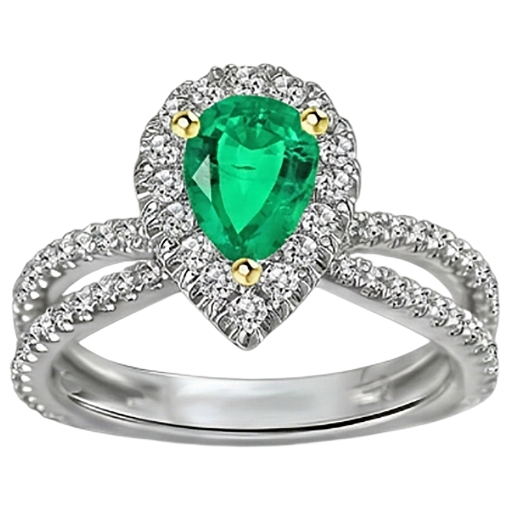 Pear Cut Emerald ring in 14K Two Tone Gold – side view