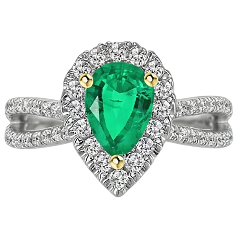 Pear Cut Emerald ring in 14K Two Tone Gold – front view