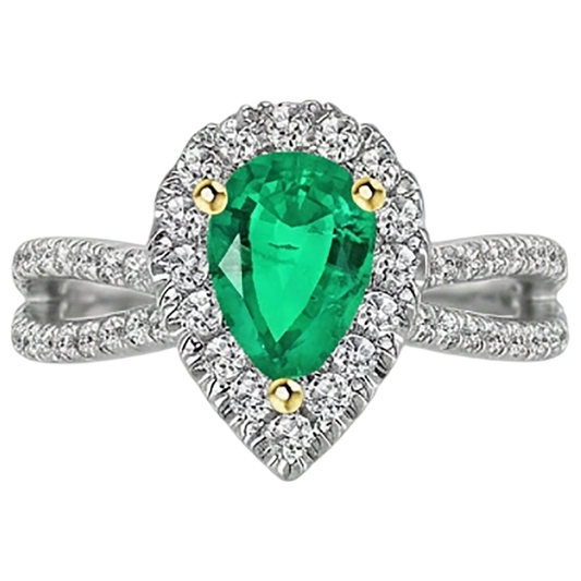 Pear Cut Emerald ring in 14K Two Tone Gold – front view