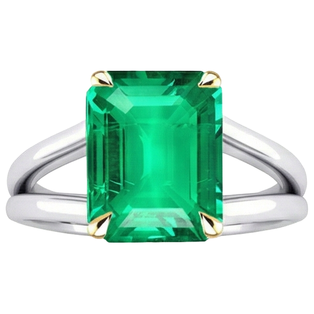 Colombian Emerald Step Cut Colored Stone Ring in Two-Tone 14K Gold – angle view