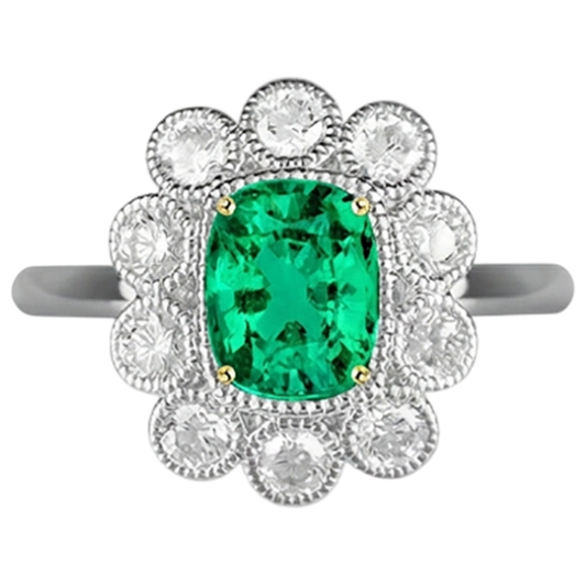 Emerald Cushion Cut Precious Stone Ring in 14K Two Tone Gold – front view