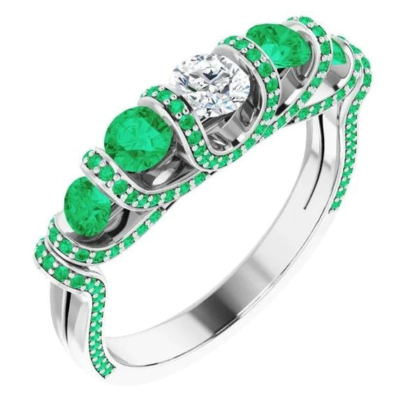 Unique Style Round Diamond Emerald Ring 3.90 Carats