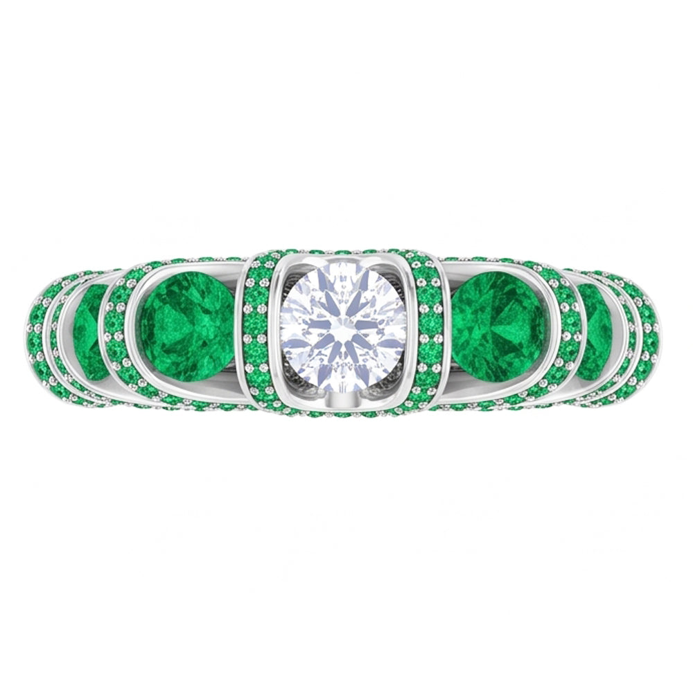Unique Style Round Natural Earth Mined Diamond Emerald Ring 3.90 Carats