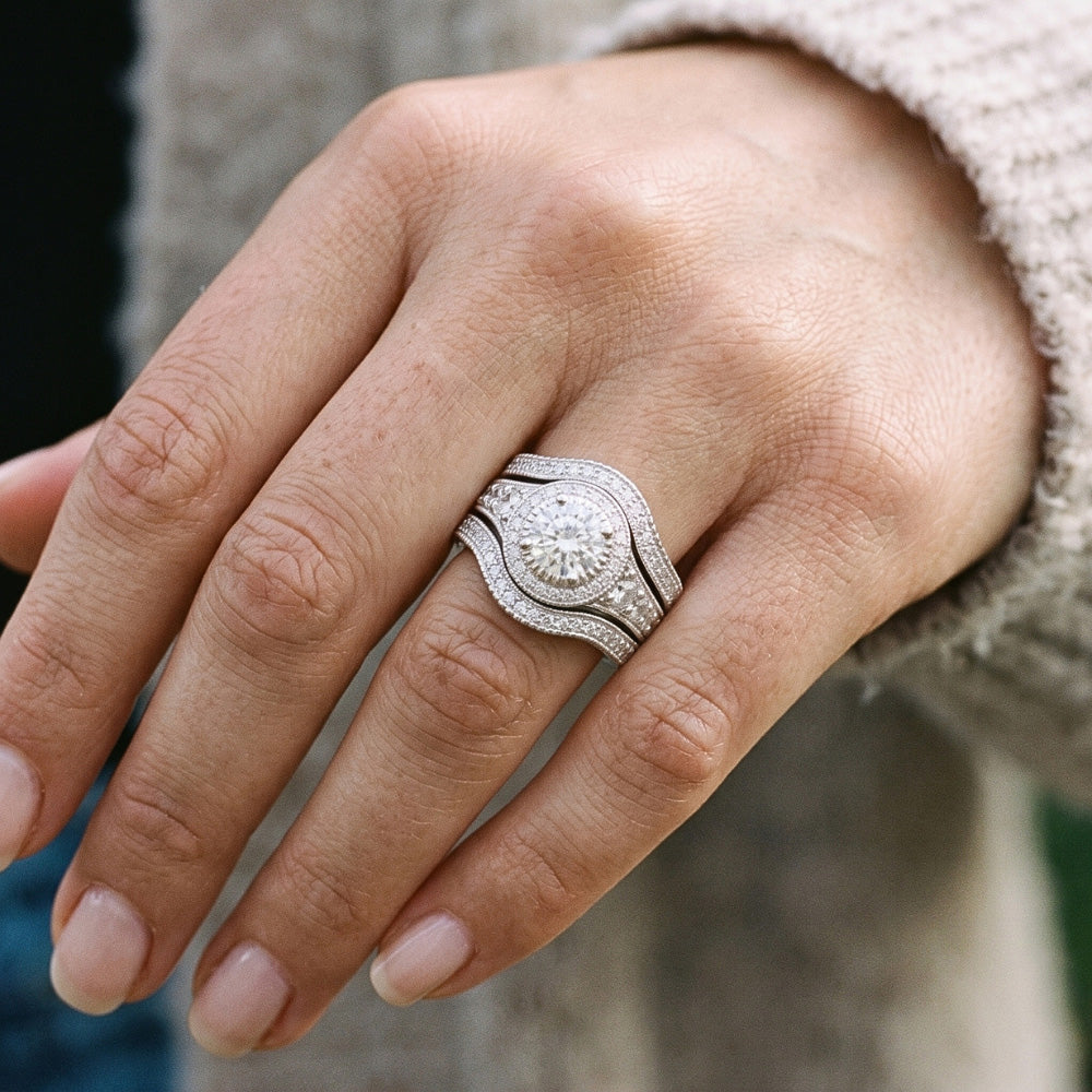 Vintage Anniversary Ring Set 4 Carats Round Natural Earth Mined Diamond White Gold 14K