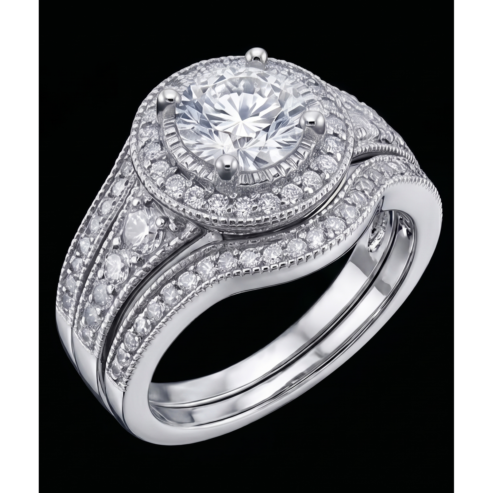 Vintage Anniversary Ring Set 4 Carats Round Natural Earth Mined Diamond White Gold 14K