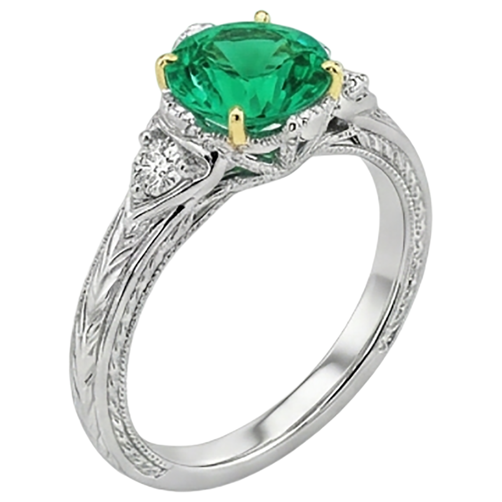 Fine Emerald Round Brilliant Gemstone Ring in 14K Two Tone Gold – top view