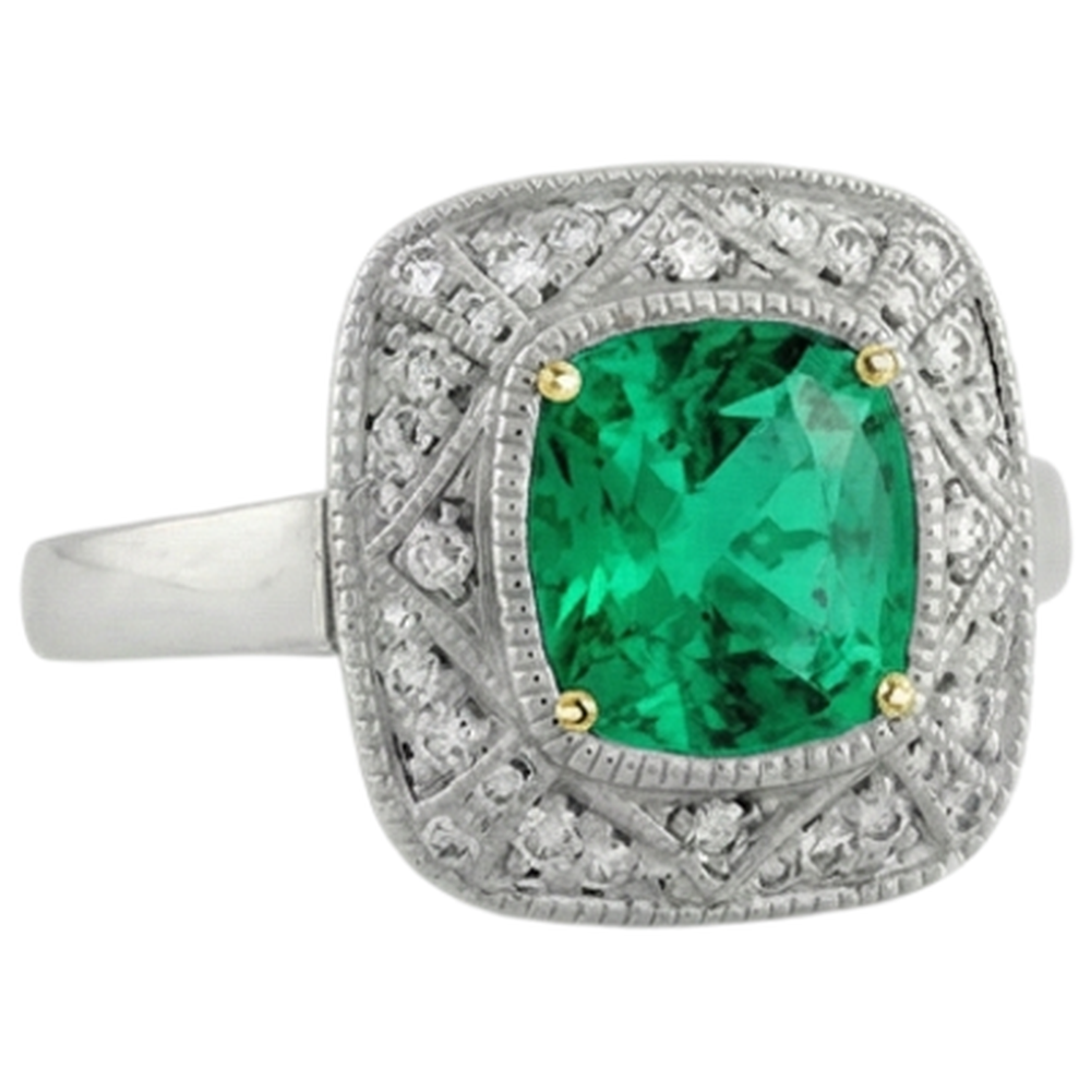 Cushion Cut Colombian Emerald ring in 14 Karat Two Tone Gold – angle view