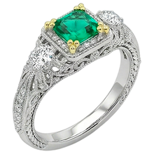 Fine Emerald Asscher Cut Precious Stone Ring in 14 Karat Two Tone Gold – front view