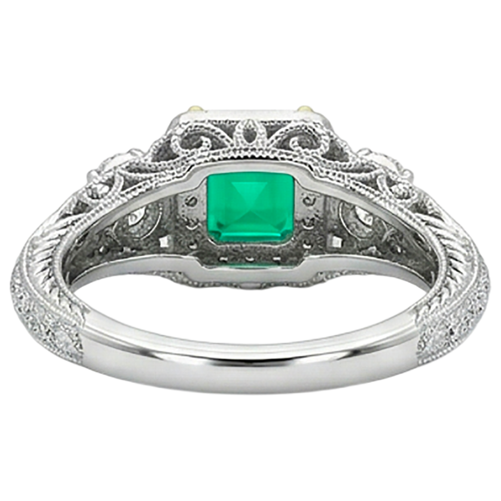 Fine Emerald Asscher Cut Precious Stone Ring in 14 Karat Two Tone Gold – back view