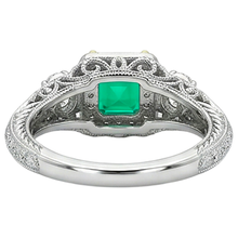 Fine Emerald Asscher Cut Precious Stone Ring in 14 Karat Two Tone Gold – back view